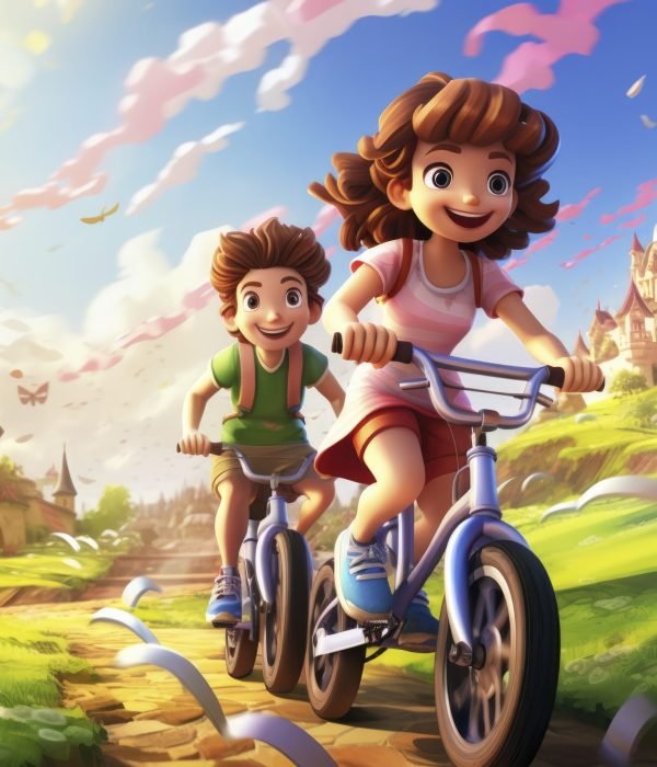 3d illustration, happy girl and boy, brown hair, green eyes, riding bikes, in the center of a fantasy world with castles and rainbows, children's book illustration design, colorful. ultra high quality, 8k, --ar 6:4 --style raw --v 5.2 Job ID: e5c39a43-3539-482a-b975-625c326e0bbd